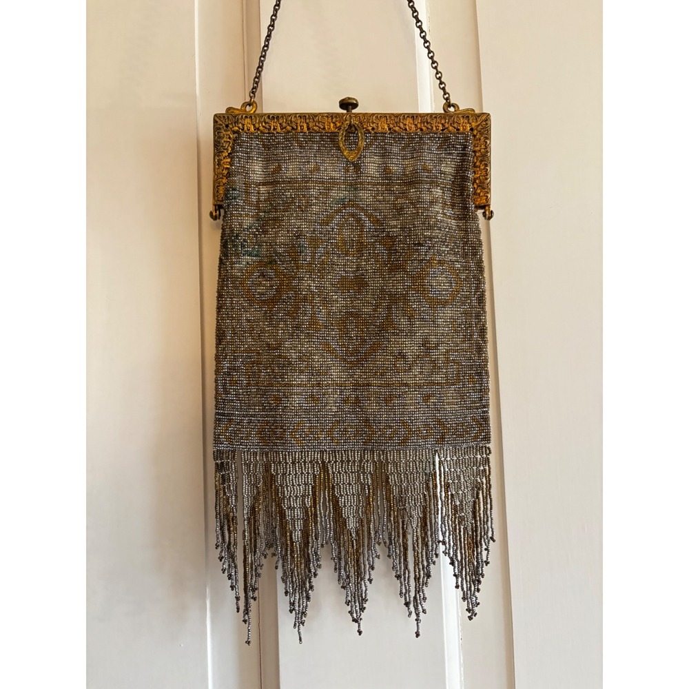 Antique Art Deco Micro Beaded Fringe Purse Silver Gold Damask Brass Frame 1920s